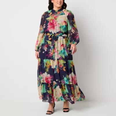 Melonie T Womens Long Sleeve Floral Maxi Dress Plus Product Image