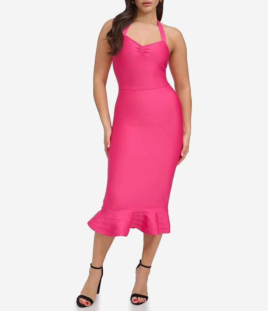 SIENA Stretch Bandage Knit Sweetheart Halter Neckline Flounce Bottom Midi Dress Product Image