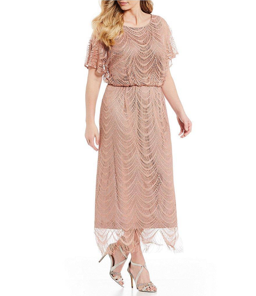 Ignite Evenings Plus Size Round Neck Short Sleeve Scallop Fringe Blouson Midi Dress Product Image