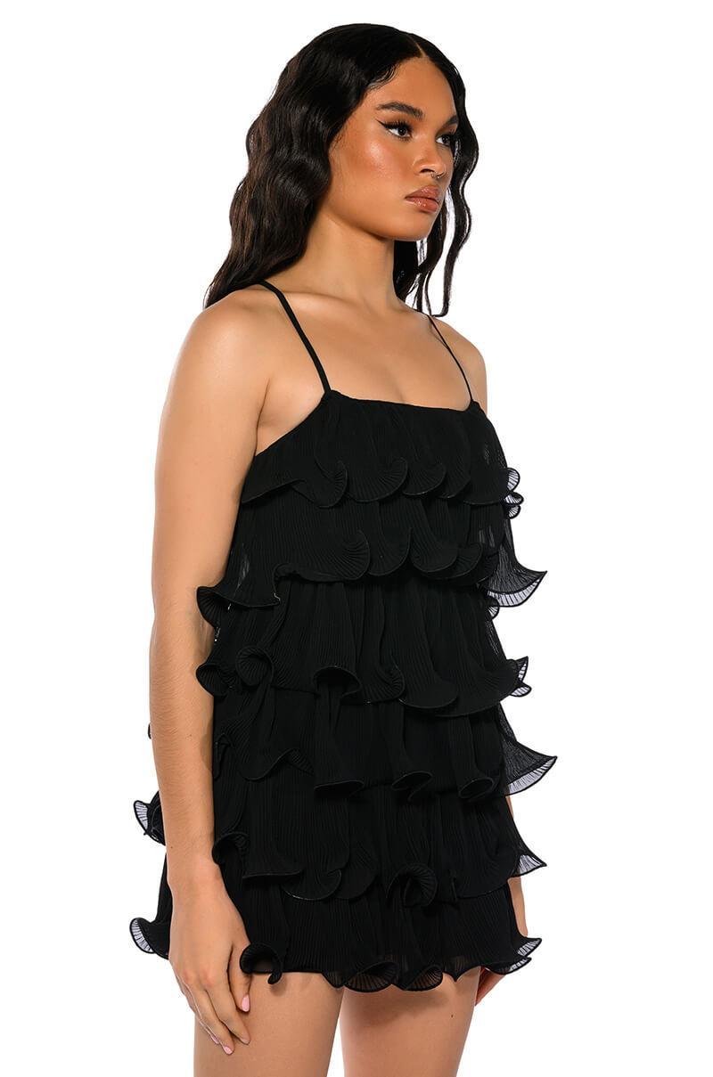 SWEETIE PLEATED RUFFLE SLEEVELESS MINI DRESS IN BLACK Product Image