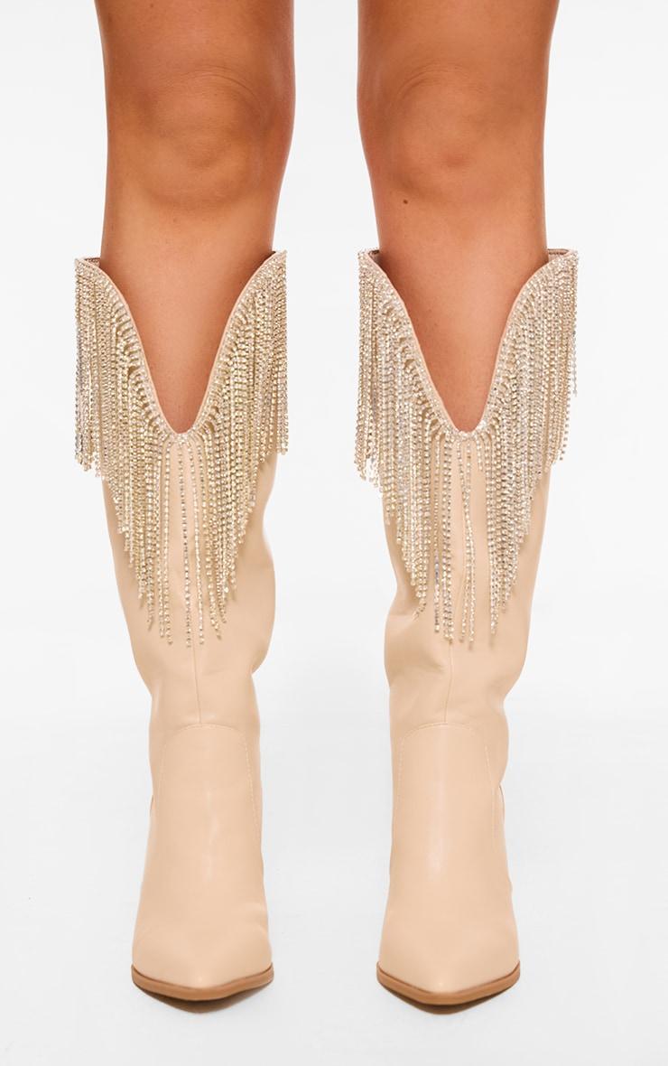 Cream Pu Point Toe Diamante Fringed Block Heel Knee High Western Boot Product Image