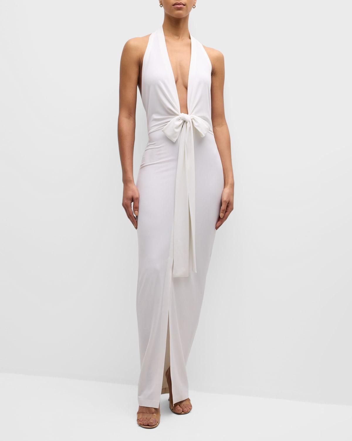 Norma Kamali Tie Front Halter Gown White. (also in L, S, XL). Product Image