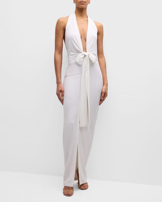 Norma Kamali Tie Front Halter Gown White. (also in L, S, XL). Product Image