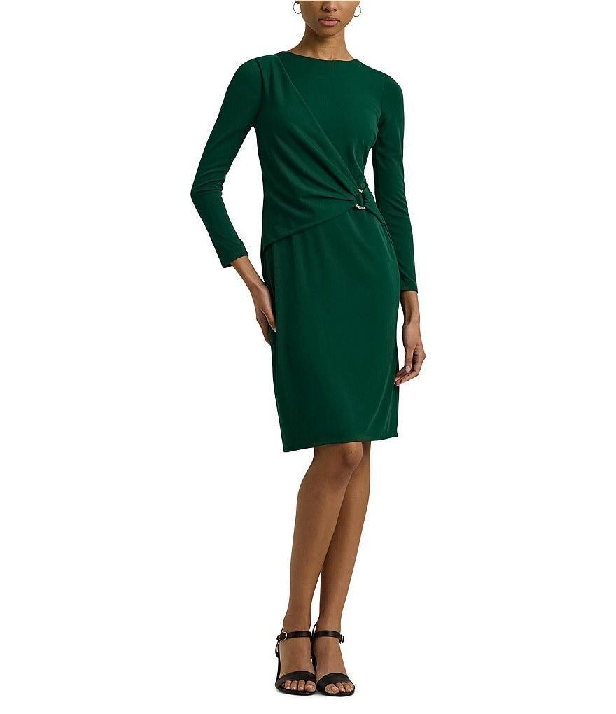 Lauren Ralph Lauren Round Neck 3/4 Sleeve Drape Front Jersey Sheath Dress Product Image