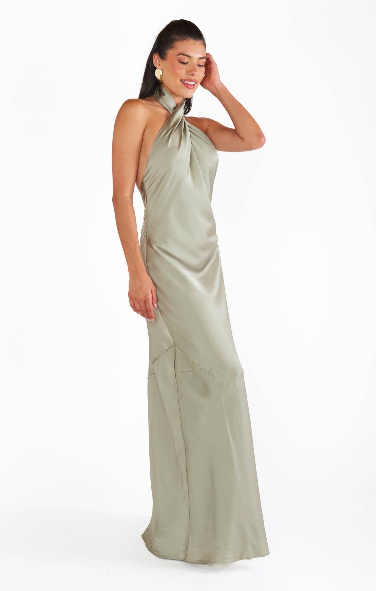 Jasmine Halter Maxi Dress ~ Silver Sage Luxe Satin Product Image