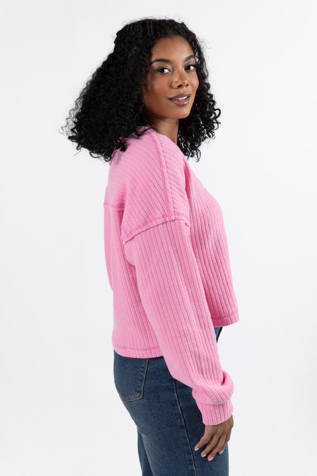 Living Right Pink Ribbed V-Neck Knit Top FINAL SALE Product Image