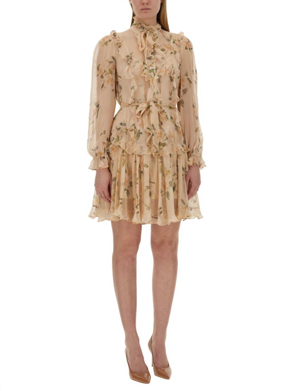 Natura Printed Ruffle Silk Mini Dress In Coral Camellia Product Image