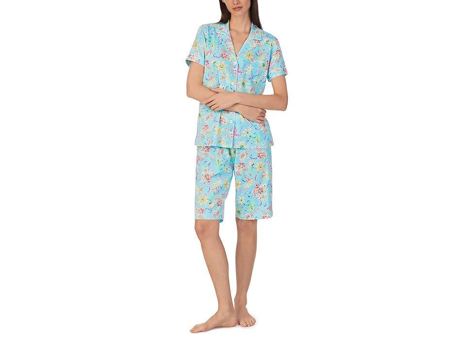 LAUREN Ralph Lauren Short Sleeve Notch Collar Bermuda PJ Set (Aqua Floral) Women's Pajama Sets Product Image