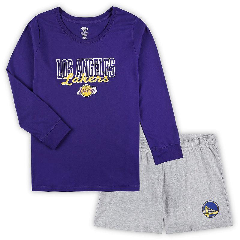 Womens Concepts Sport /Heather Gray Los Angeles Lakers Plus Size Long Sleeve T-Shirt and Shorts Sleep Set Product Image