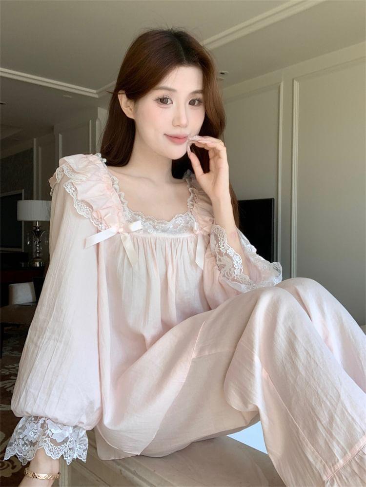 Pajama Set: Long-Sleeve Lace Ruffle Bow Shirt + Pants Product Image