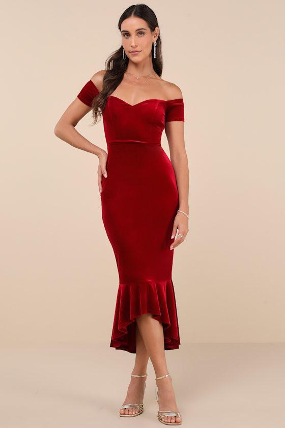 How Much I Care Wine Red Velvet Off-the-Shoulder Midi Dress Product Image