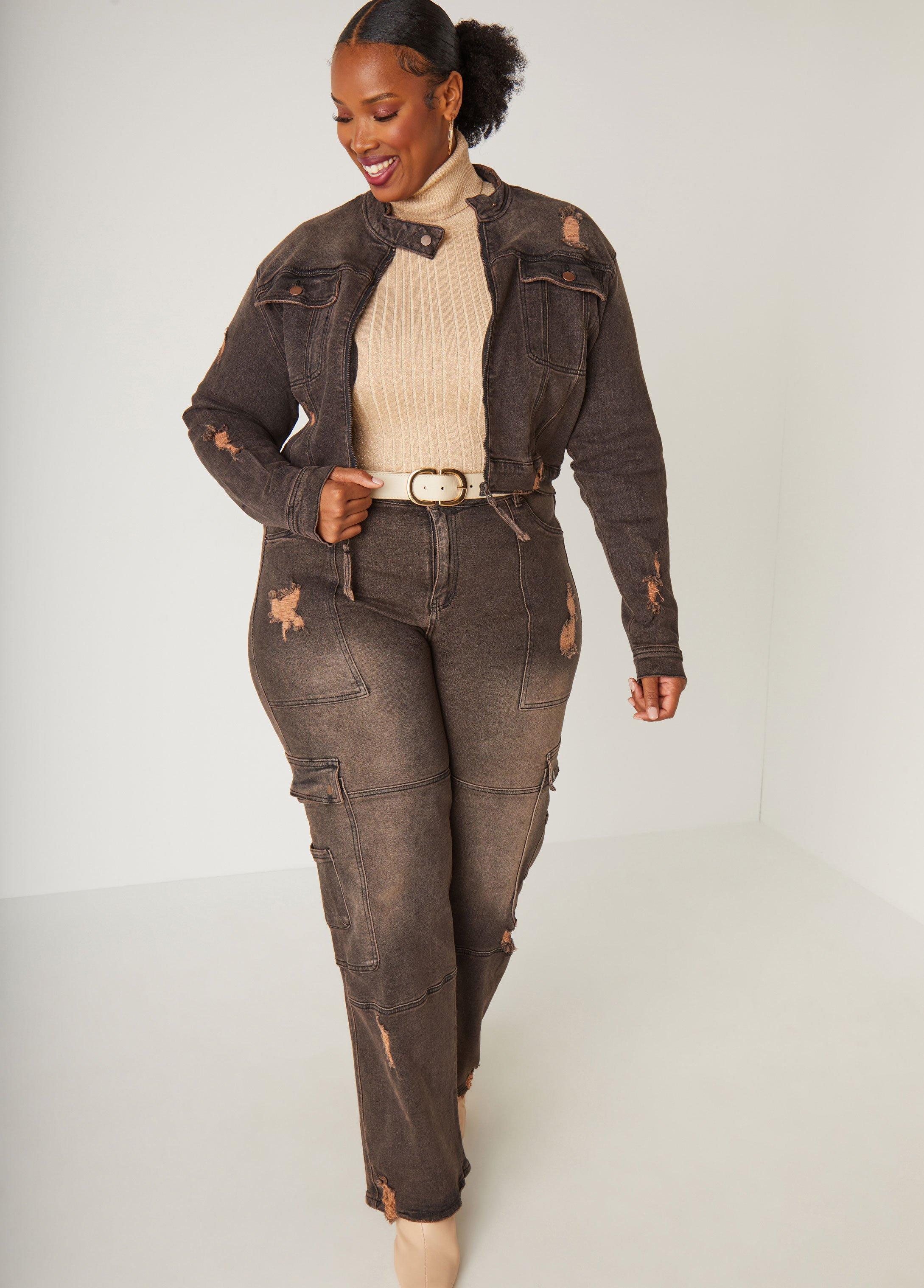 Plus Size High Rise Distressed Cargo Jeans Ashley Stewart Product Image