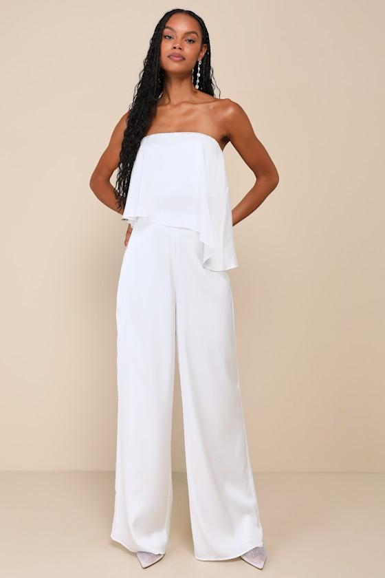 Sincerely Exceptional White Satin Strapless Two-Piece Jumpsuit Product Image