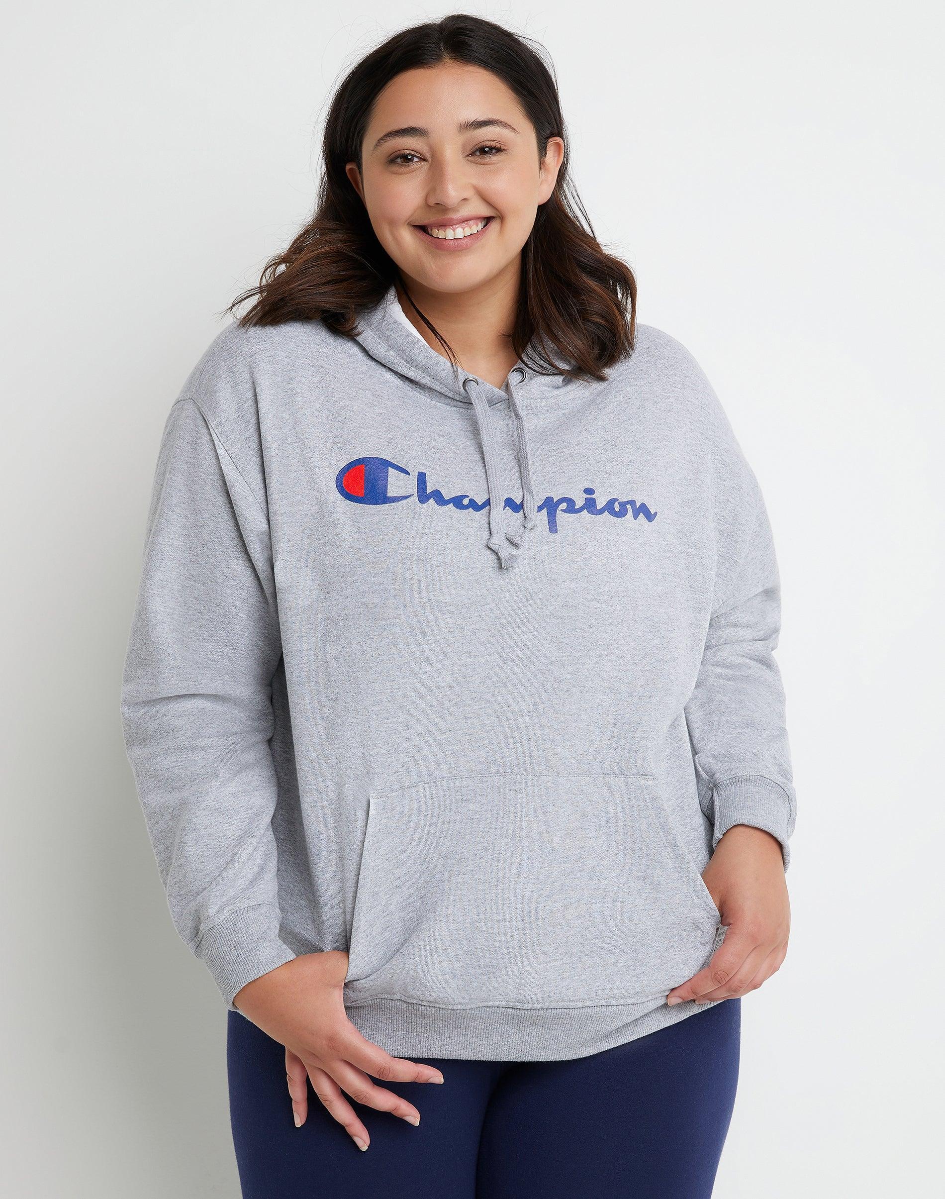 Womens Champion Powerblend Hoodie, Script Logo (Plus Size) Oxford Grey 3X Product Image