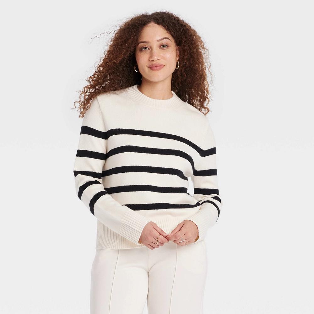 Womens Crewneck Pullover Sweater - A New Day Cream Striped XL product image