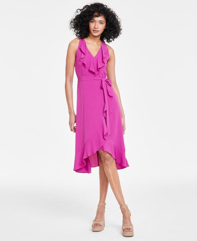 Kensie V-Neck Sleeveless Tie Waist Ruffled Pebble Crepe Dress Product Image