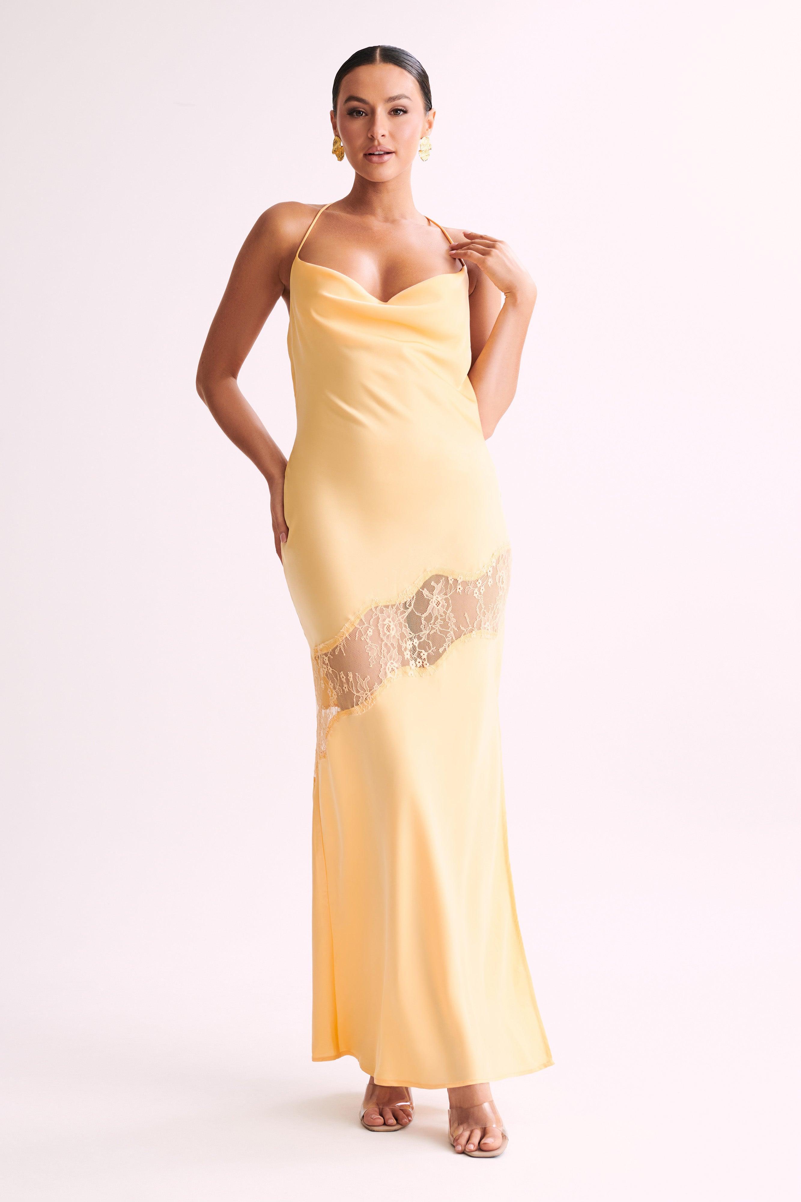 Chandra Lace Detail Satin Maxi Dress - Lemon Product Image