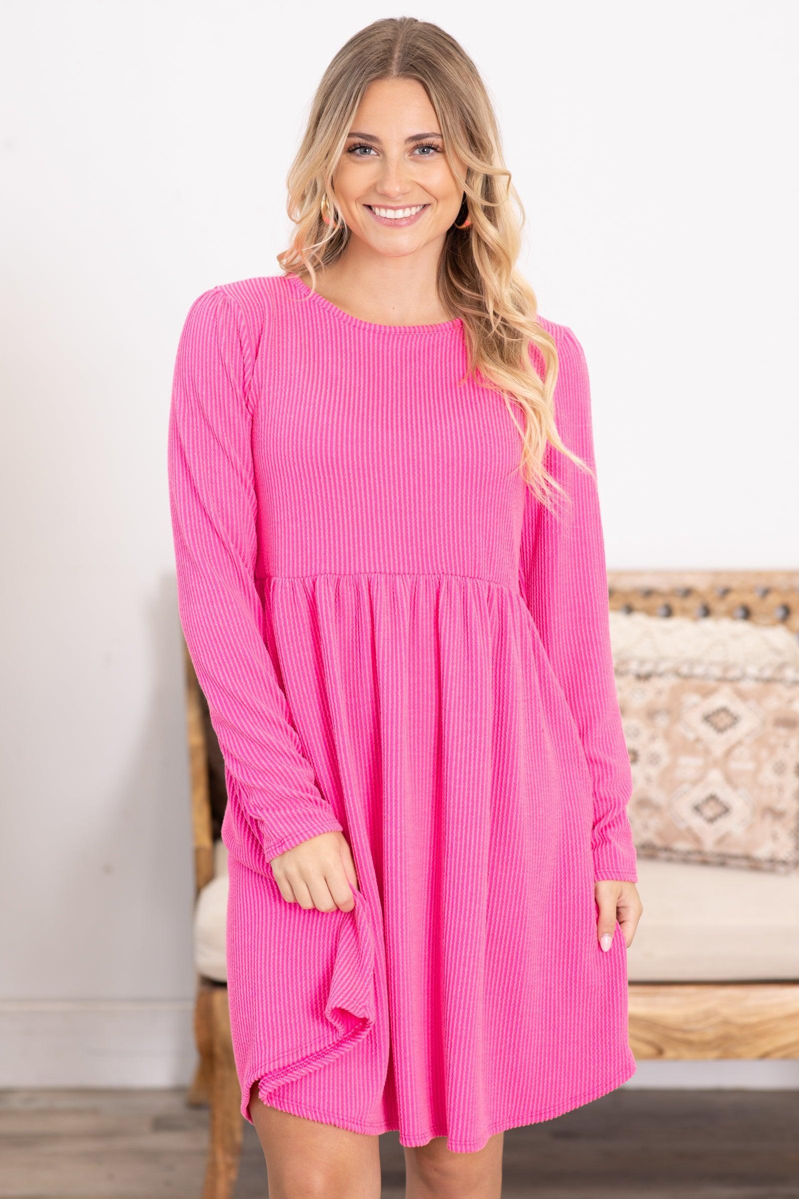 Solid Ribbed Long Sleeve Dress With Pockets Product Image