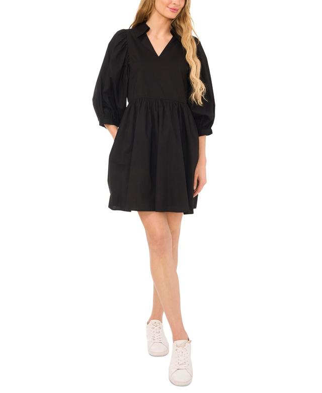 Women's Collared V-Neck Shirred-Waist Dress Product Image