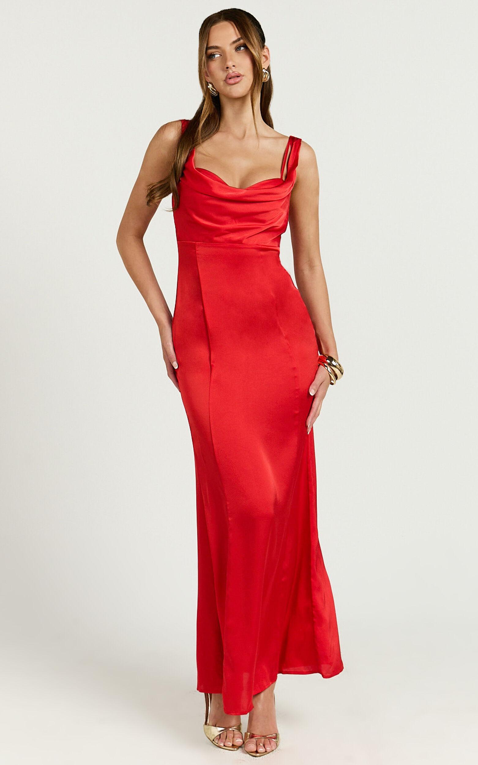 Grace Maxi Dress - Cowl Neck Satin Slip Dress in Coral Red Product Image