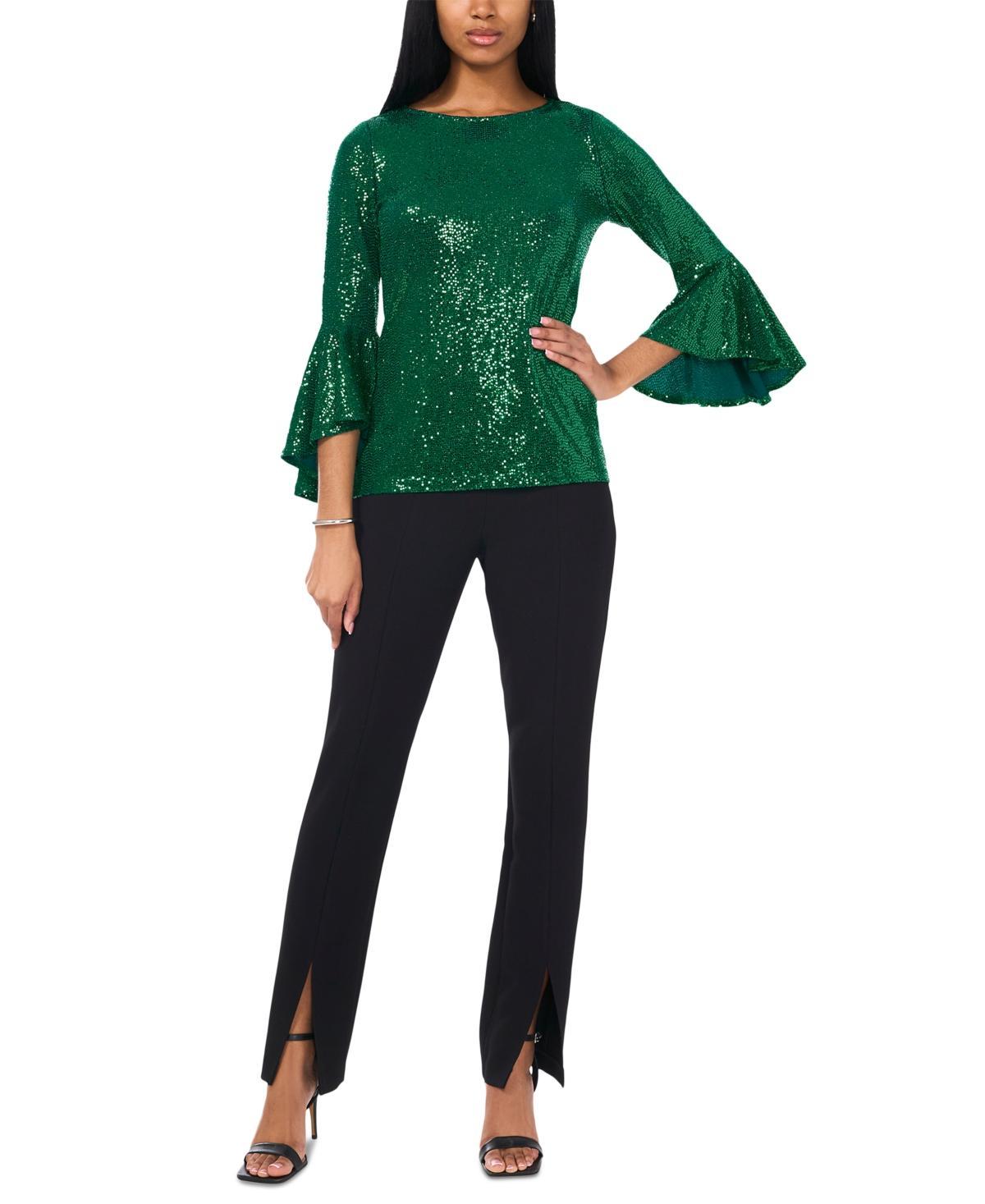 Msk Womens Sequined Round-Neck Bell-Sleeve Top Product Image