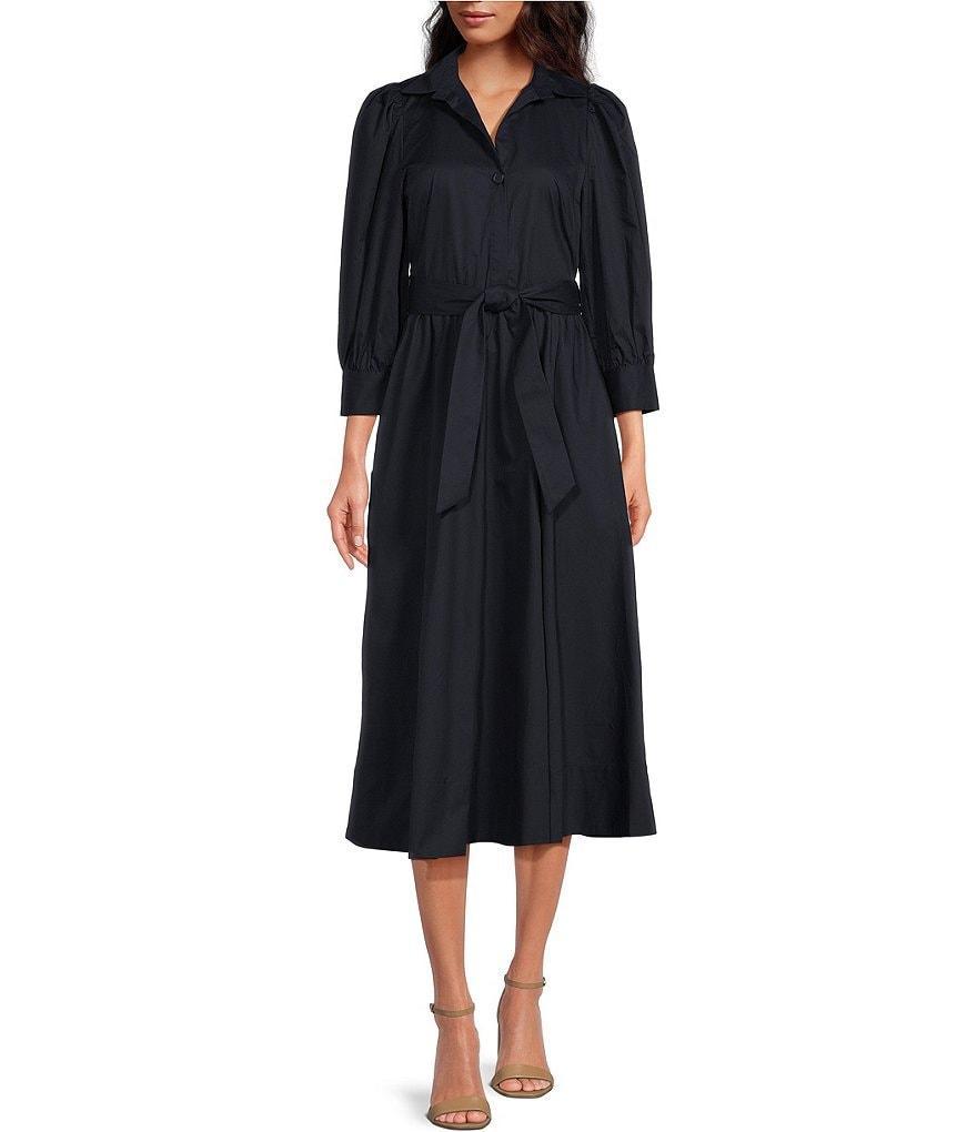 Tara Jarmon Rivoltine Woven Point Collar 3/4 Balloon Sleeve Belted Midi Shirt Dress Product Image