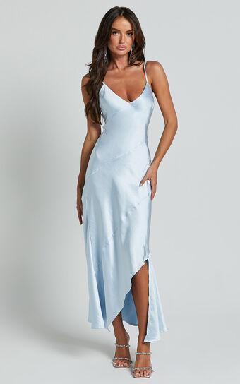 Ylona Maxi Dress - Asymmetric Draped Bias Cut Satin Slip Dress in Ice Blue Product Image