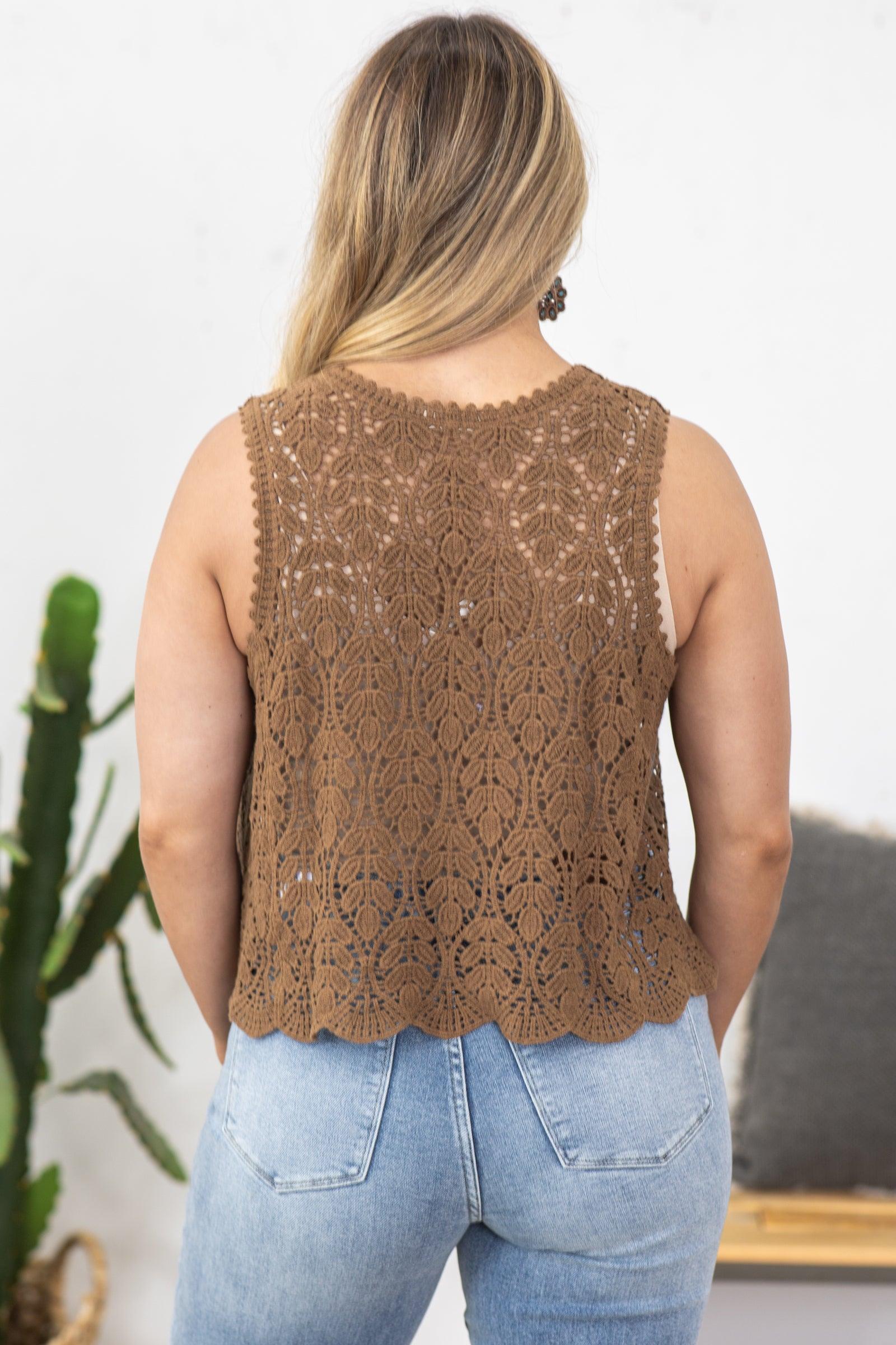 Brown Crochet Vest With Scallop Hem Product Image