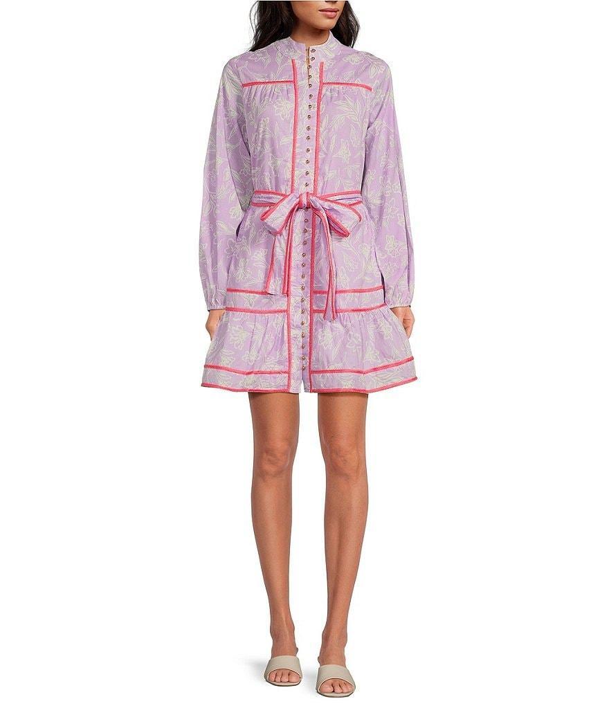 J.Marie Vivian Floral Print Button Front Long Sleeve Belted Side Pocket Tiered A-Line Mini Dress Product Image