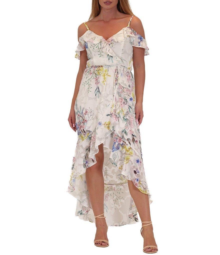 Julia Jordan Off The Shoulder Floral Print Chiffon Faux Wrap Hi Lo Dress Product Image