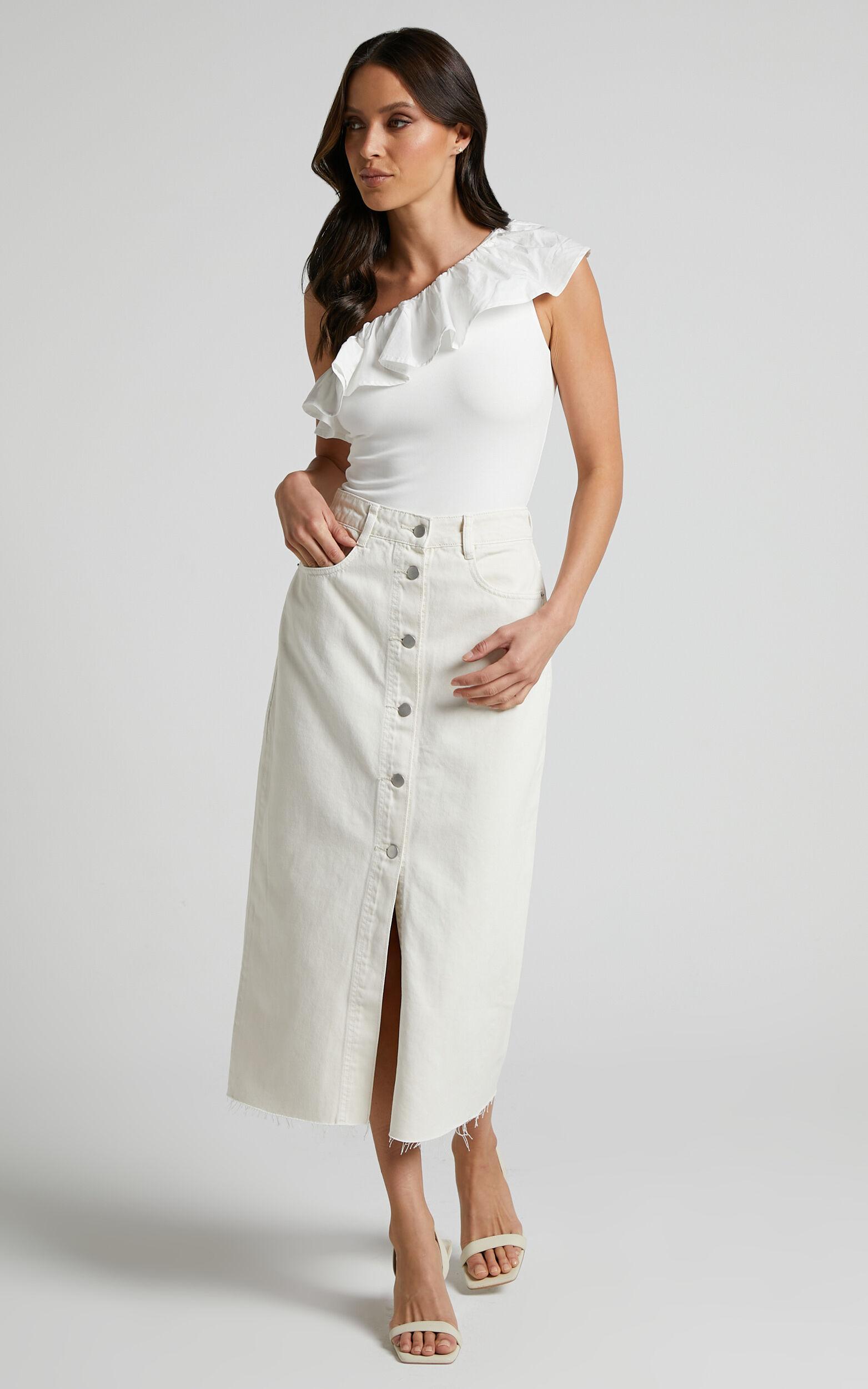 Farrah Midi Skirt - Recycled Cotton Denim Midi Skirt in Ecru Product Image