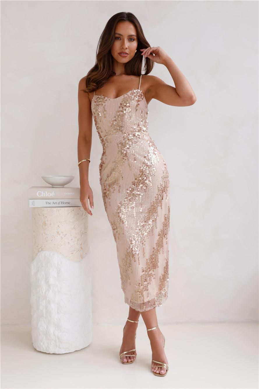 Enlighten Me Sequin Midi Dress Brown Product Image