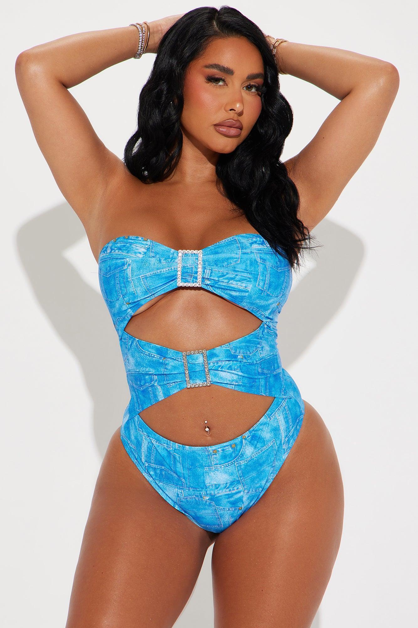 Kleo Rhinestone Buckle 1 Piece Swimsuit - Denim Product Image