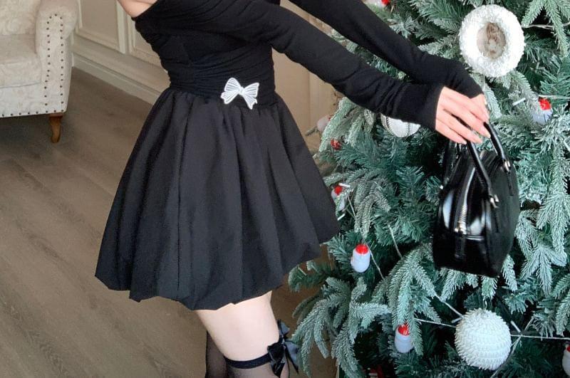 Long-Sleeve Off-Shoulder Bow Applique Mini A-Line Dress Product Image