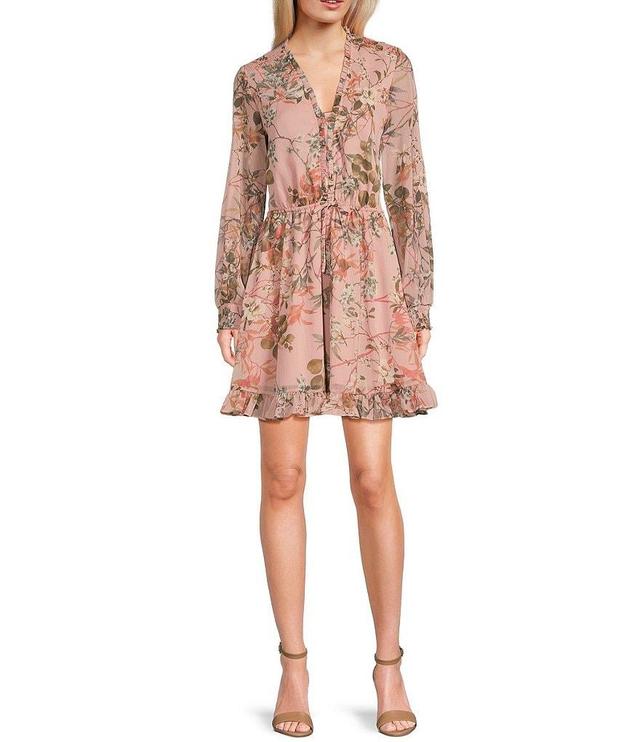 Guess Vanessa Printed Long Sleeve V-Neck Tie Waist Ruffle Hem Fit & Flare Dress Product Image