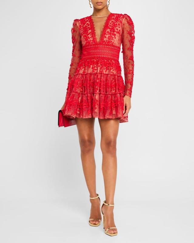 Megan Tiered Floral Applique Lace Mini Dress Product Image