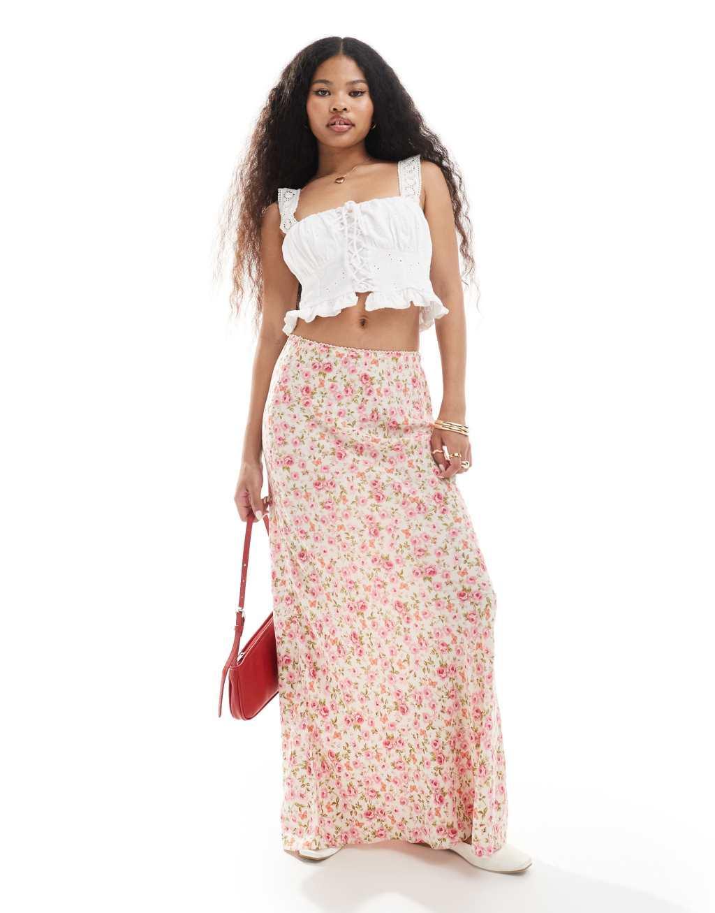 Miss Selfridge Petite picot trim bias cut maxi skirt in pink floral Product Image