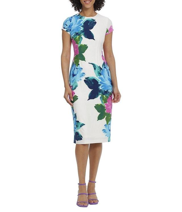 Maggy London Floral Print Stretch Cap Sleeve Midi Sheath Dress Product Image