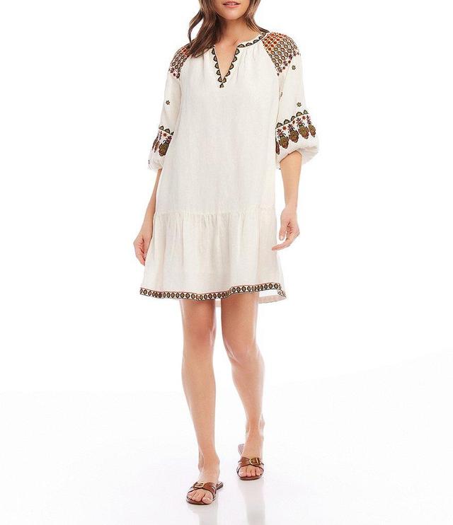 Karen Kane Embroidered Linen Blend Split V-Neck 3/4 Peasant Sleeve Ruffle Hem Shift Dress Product Image