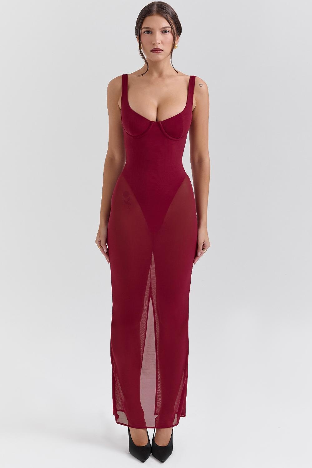 Robina Wine Stretch Mesh Maxi Dress Product Image