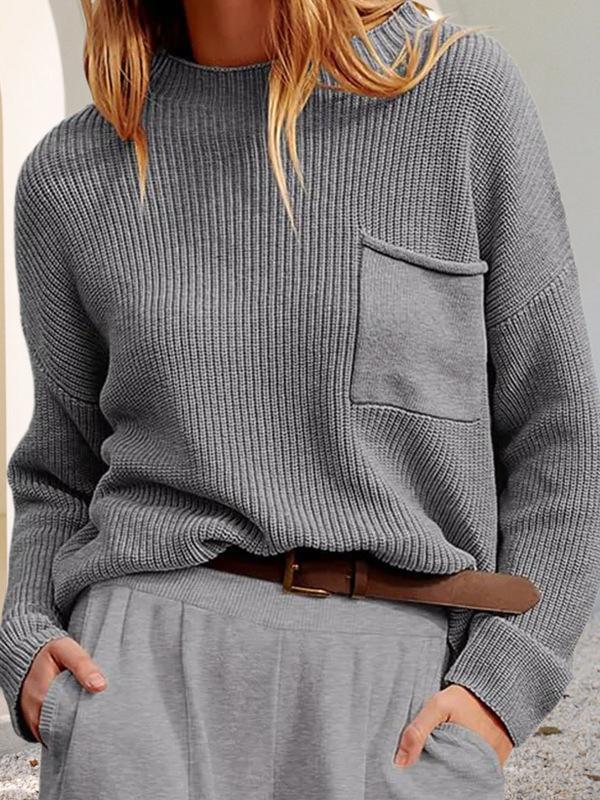 Long Sleeves Loose Pockets Solid Color Round-Neck Knitwear Pullovers Sweater Tops Product Image