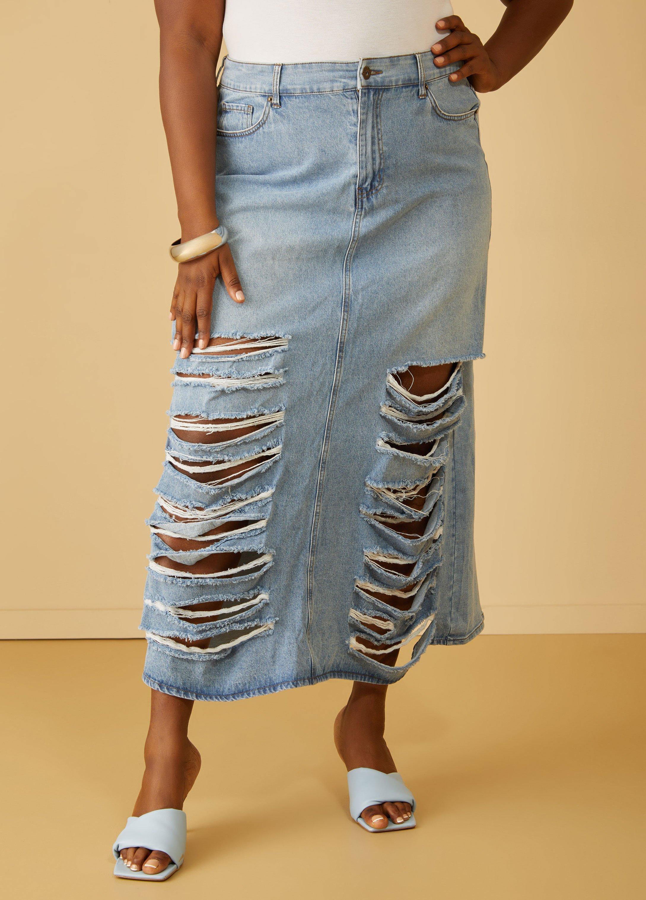 Plus Size Distressed Cutout Denim Maxi Skirt Ashley Stewart Product Image