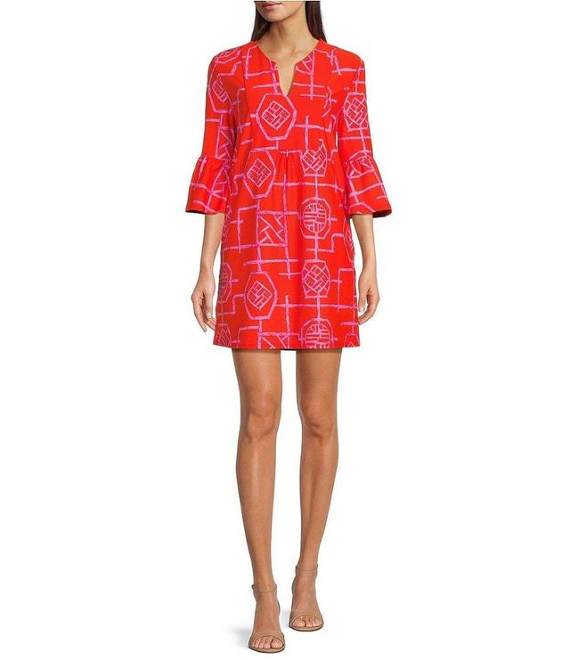 Jude Connally Kerry Bamboo Lattice Pink Apricot Geometric Print Split V-Neck 3/4 Bell Sleeve Knit Dress Product Image