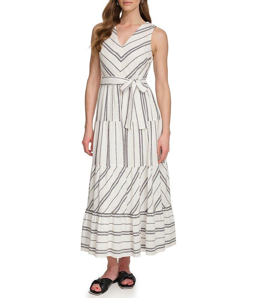 DKNY by Donna Karan Linen Stripe Print V-Neck Sleeveless Tie Waist Maxi Dress Product Image