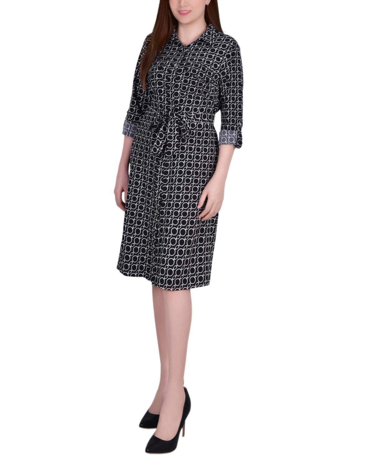 Ny Collection Petite Geometric Printed Long Sleeve Roll Tab Shirtdress Product Image