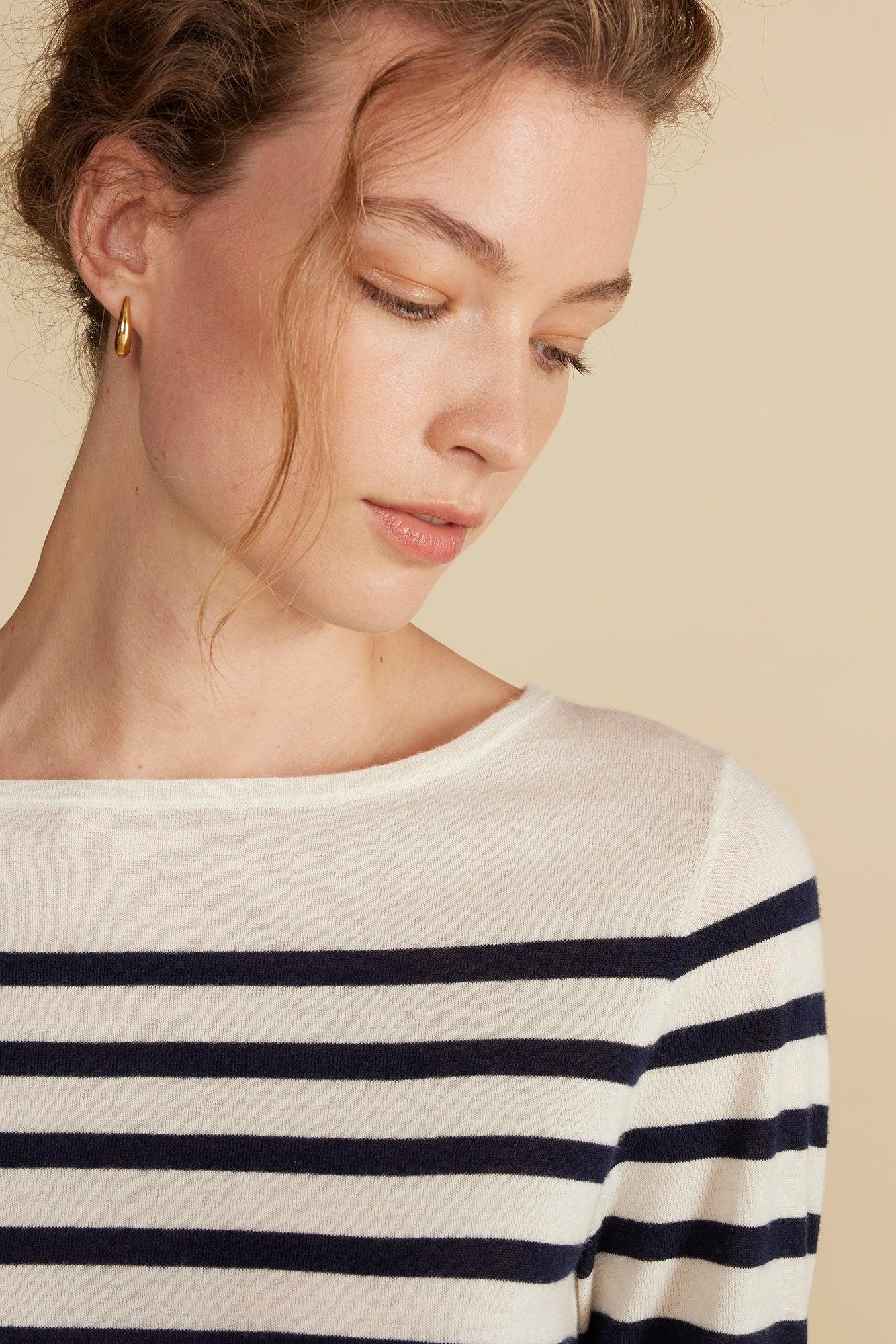 Fran Boatneck Striped Cashmere Sweater - Ivory and Navy Blue Stripe Product Image