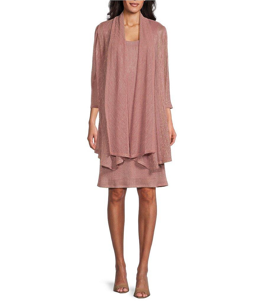 R & M Richards Scoop Neck 3/4 Sleeve Drape Front Metallic 2-Piece Jacket Dress Product Image