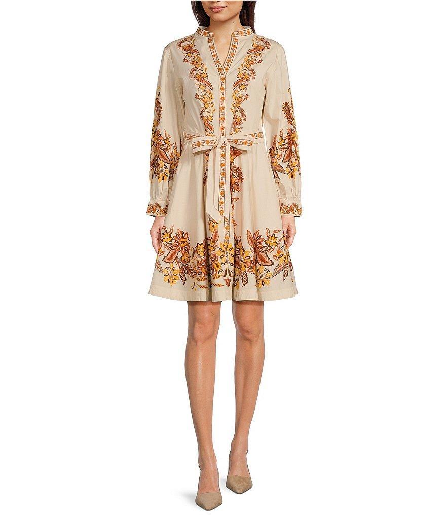 Jude Connally Petra Stretch Poplin Placed Floral Print Mandarin Collar Long Sleeve Belted Shift Dress Product Image