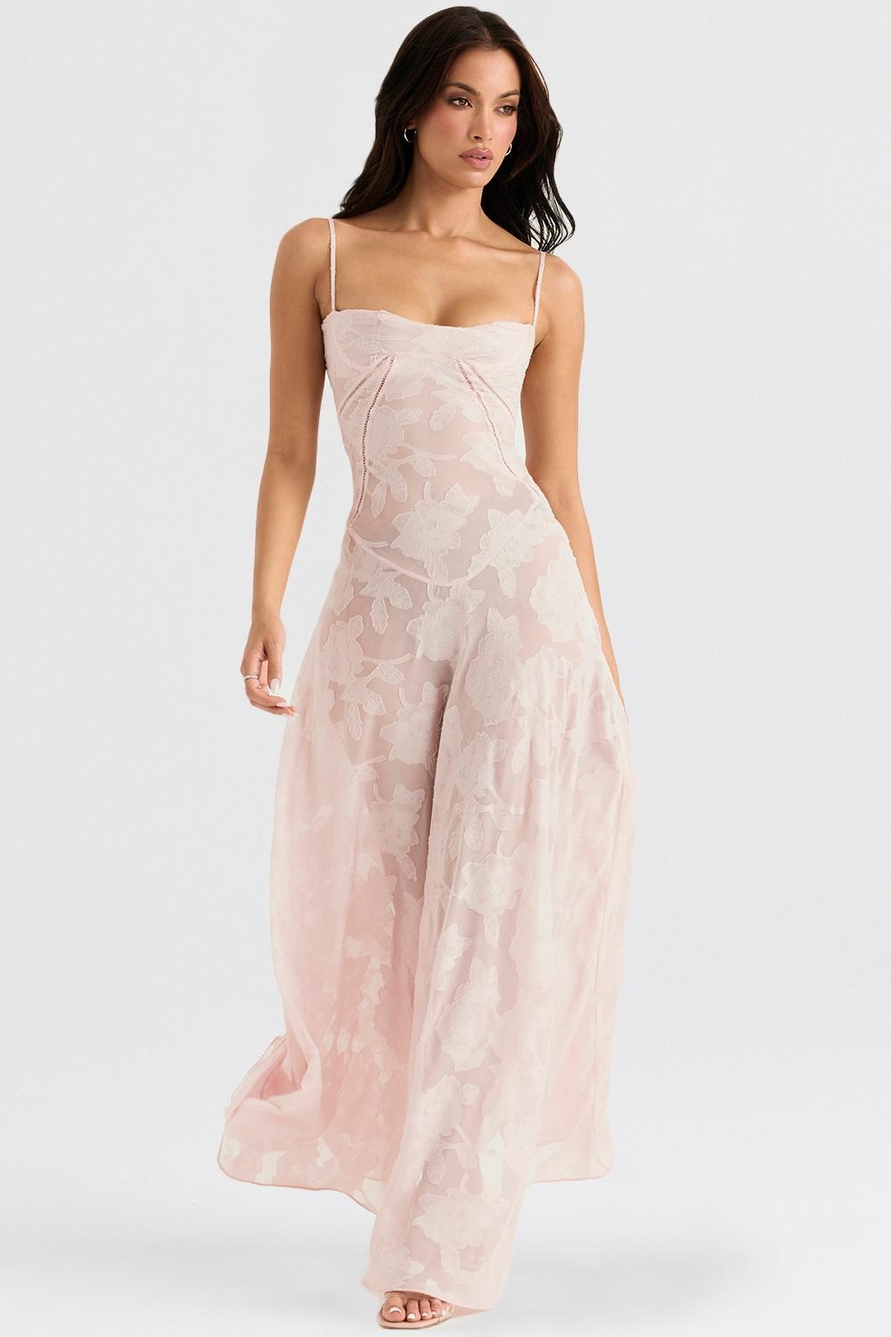 Seren Soft Pink Floral Lace Back Maxi Dress Product Image