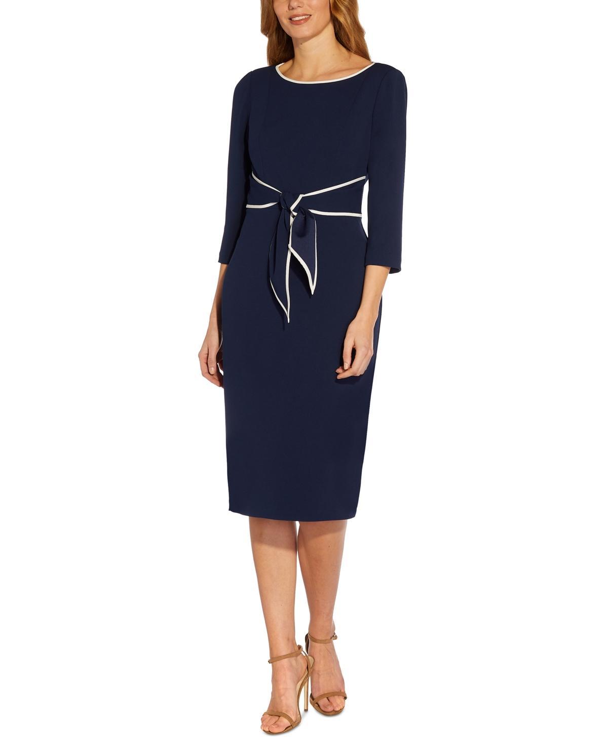 Adrianna Papell Contrasting Trim Boat Neck 34 Sleeve Tie Waist Crepe Sheath Dress Product Image